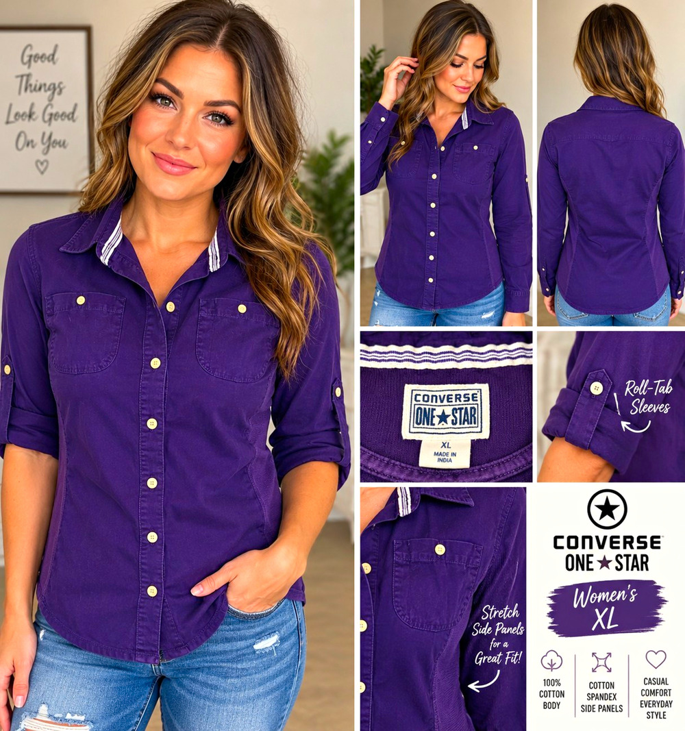 Converse One Star Women’s XL Purple Button Front Shirt Long Sleeve Stretch Panel